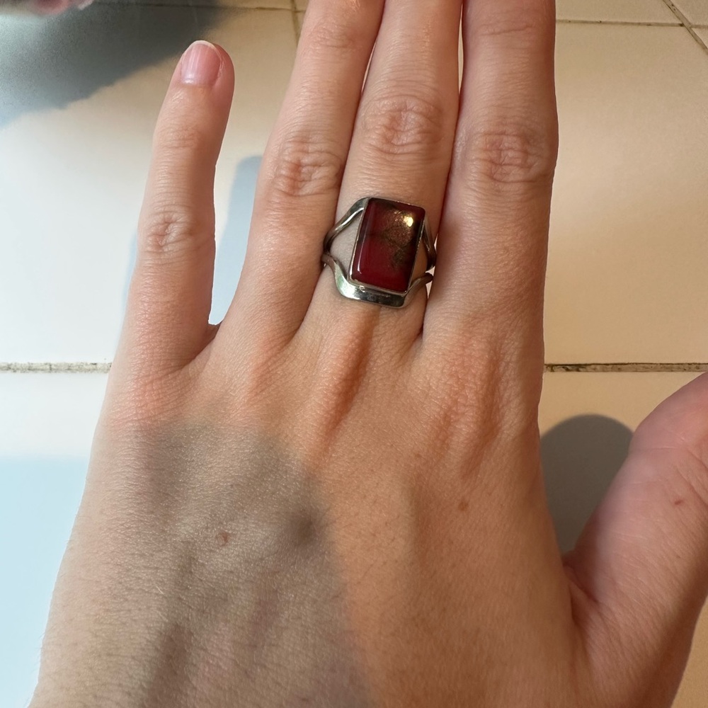 Red Stone with Black Sterling Silver Ring